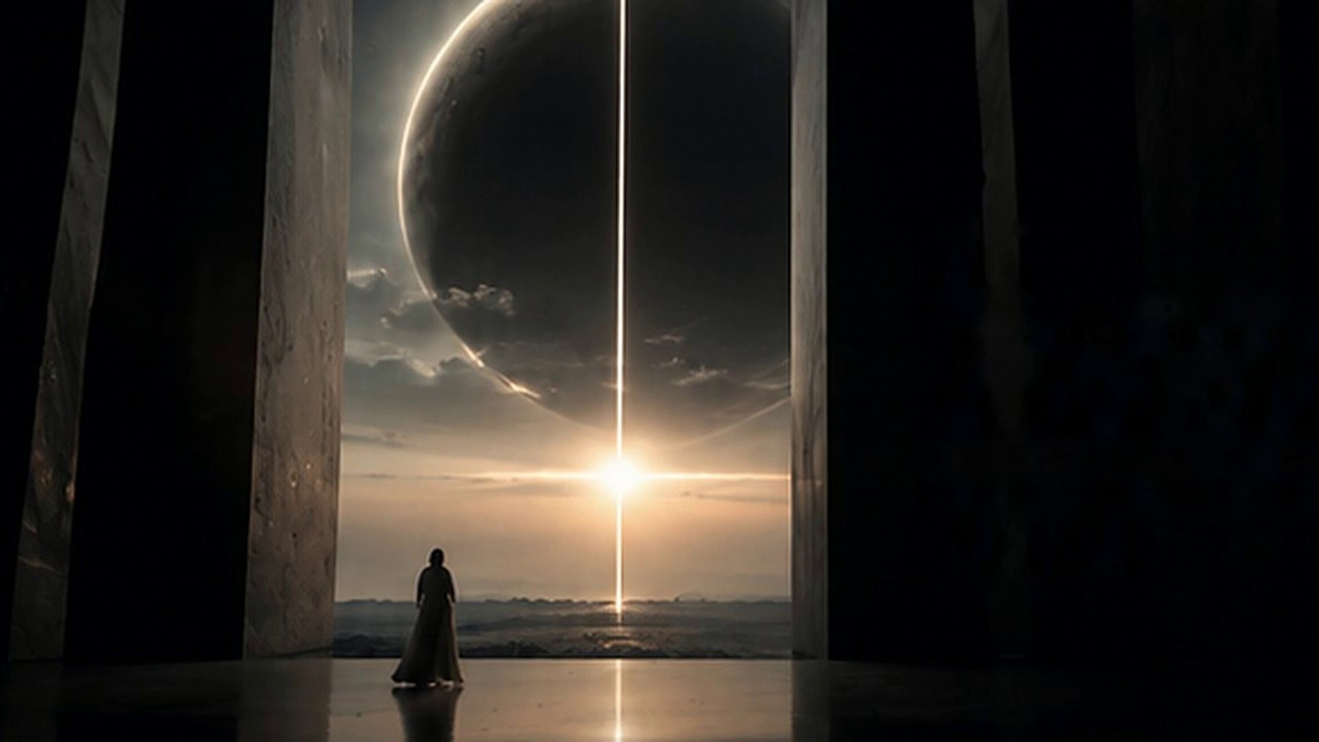 Between towering stone monoliths, a figure faces an eclipsed planet split by a vertical shaft of light.