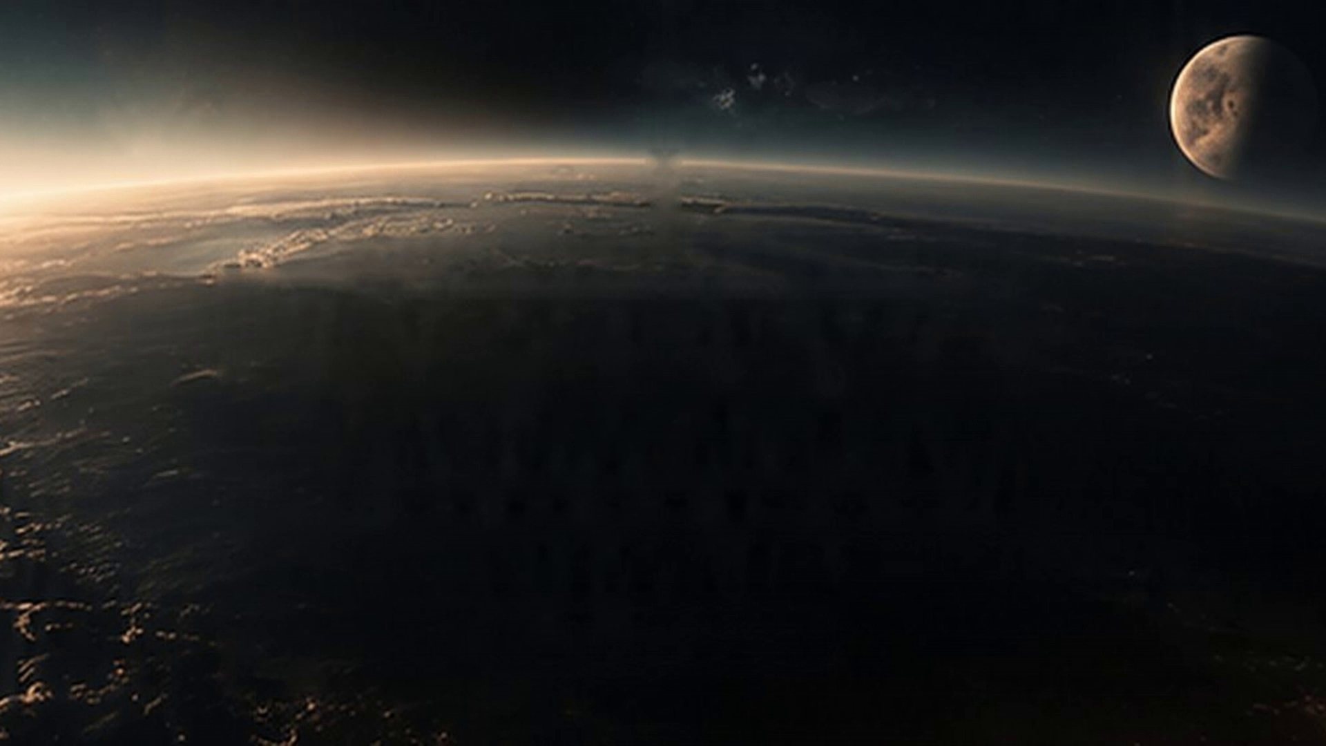 The curved horizon of a planet at dawn, its surface veined with golden light, a distant moon suspended above.