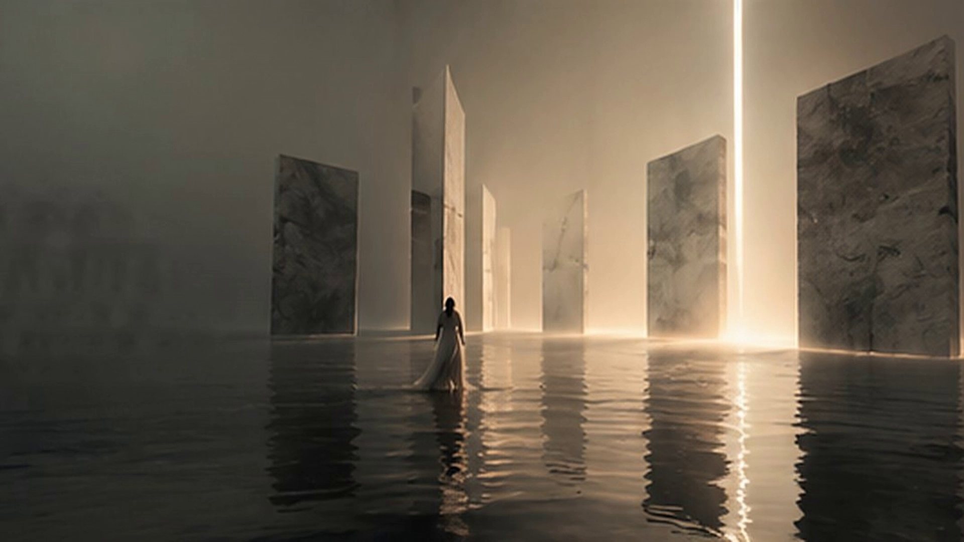 A figure wades through still, misted water among towering marble slabs, one of them pierced by a column of light.