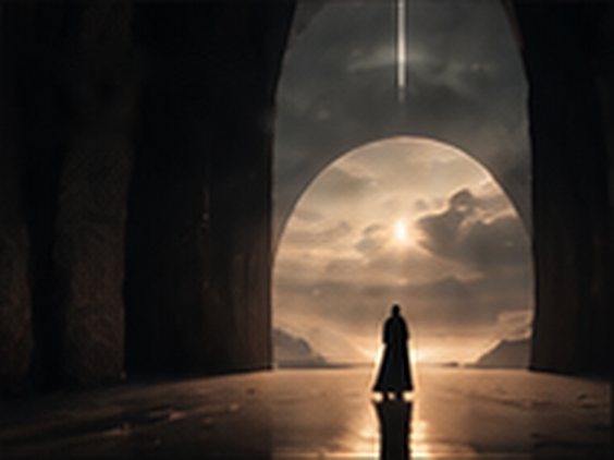 A lone figure stands within a great stone archway, framed by a glowing sky.